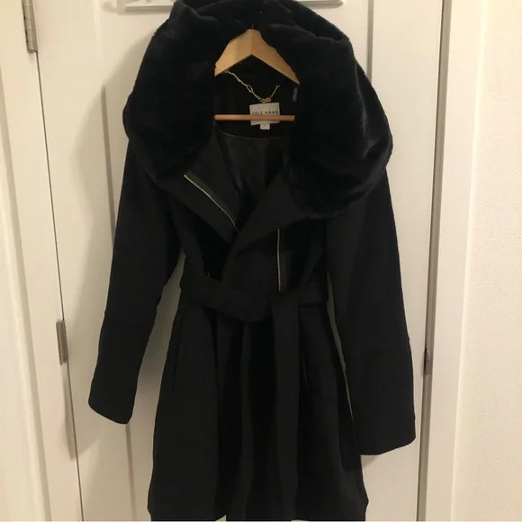NEWCole Haan Asymmetric Wool Blend Coat with Faux Fur Hood/Collar